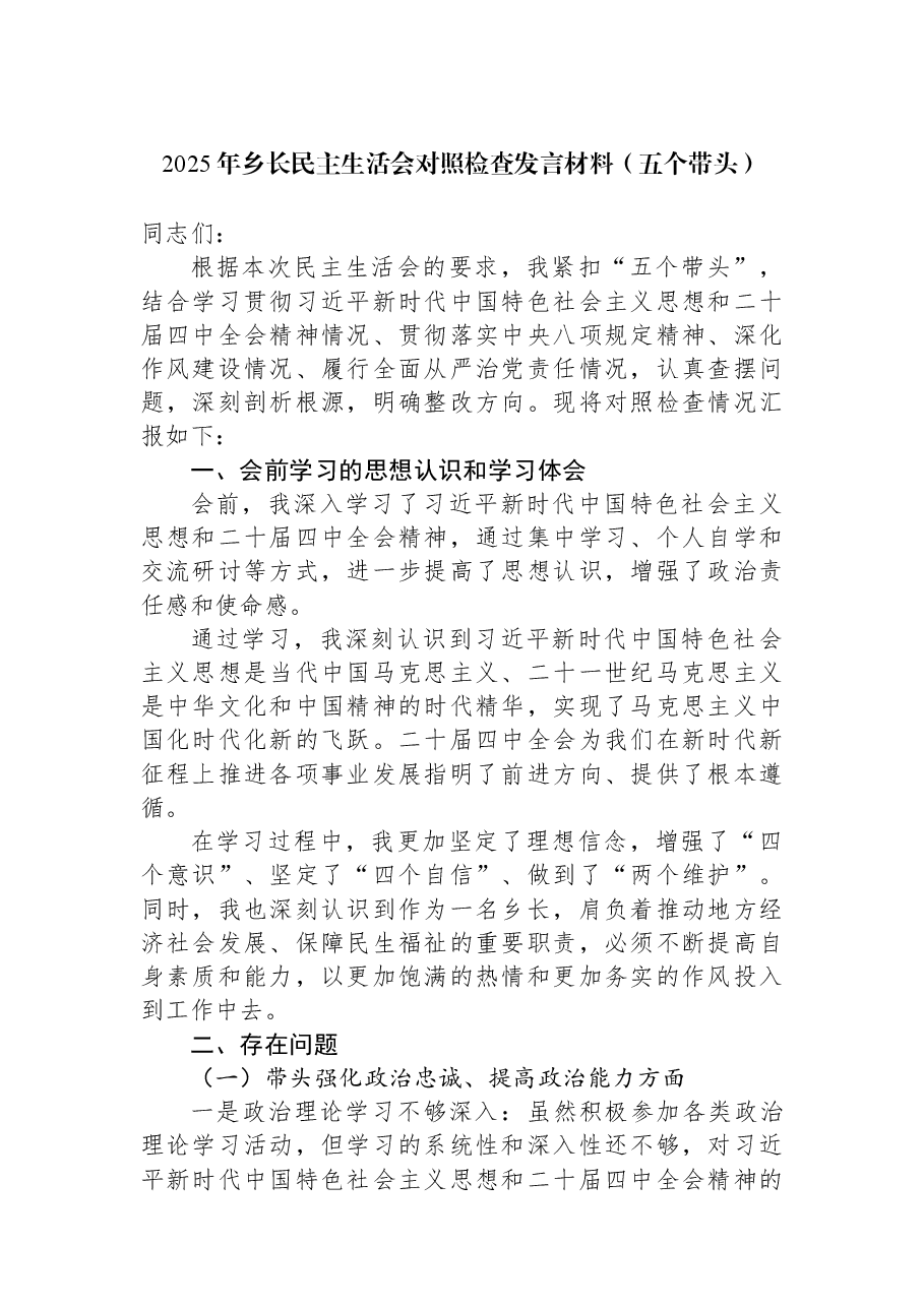 2025年乡长民主生活会对照检查发言材料(五个带头).docx,第1页预览