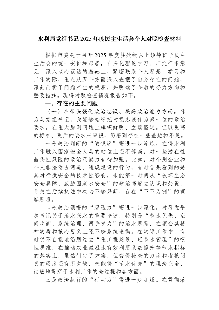 水利局党组书记2025年度民主生活会个人对照检查材料.docx,第1页预览