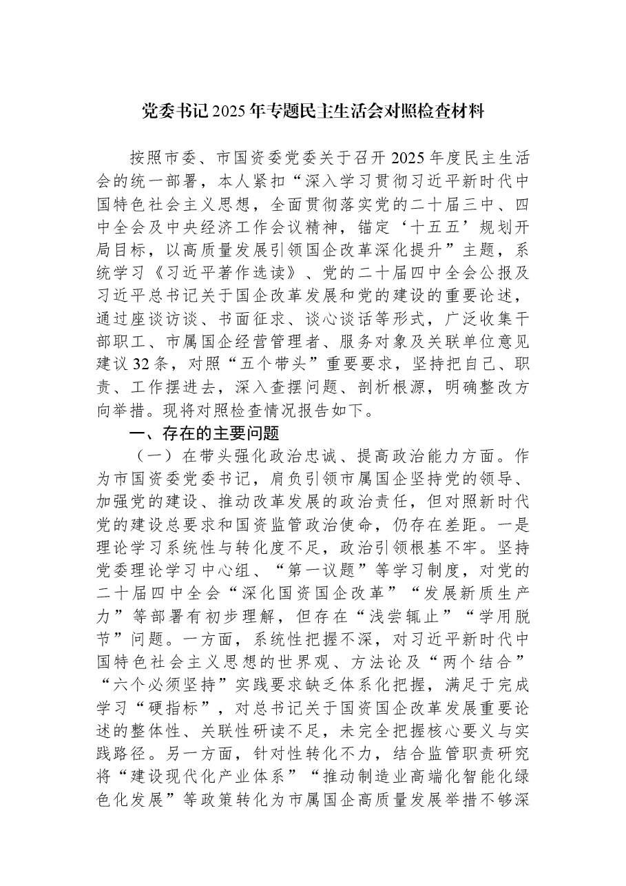 （5篇）党委书记、党组书记2025年专题民主生活会对照检查材料汇编.docx，第2页预览