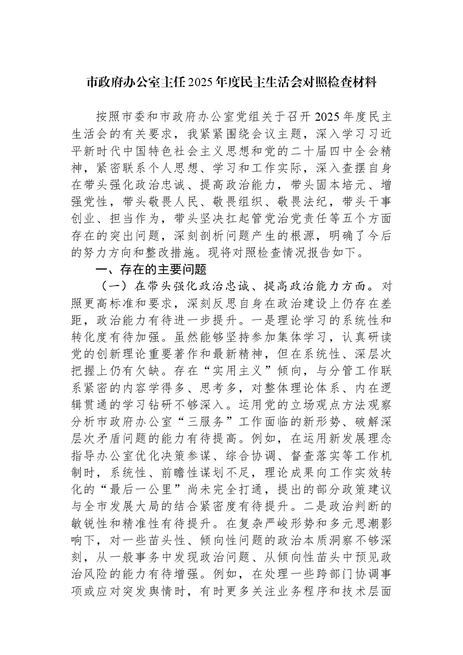 市政府办公室主任2025年度民主生活会对照检查材料.docx,第1页预览