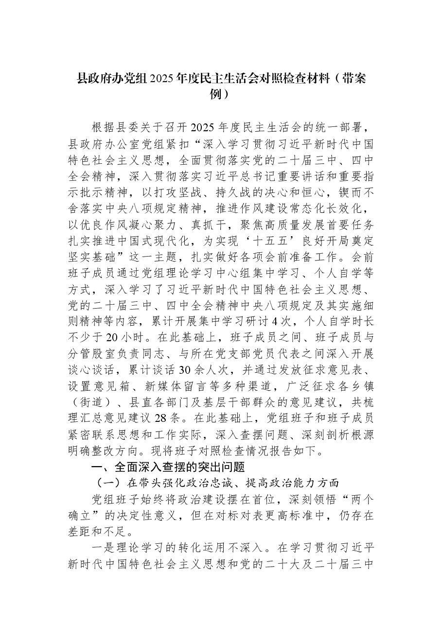 县政府办党组2025年度民主生活会对照检查材料(带案例).docx,第1页预览