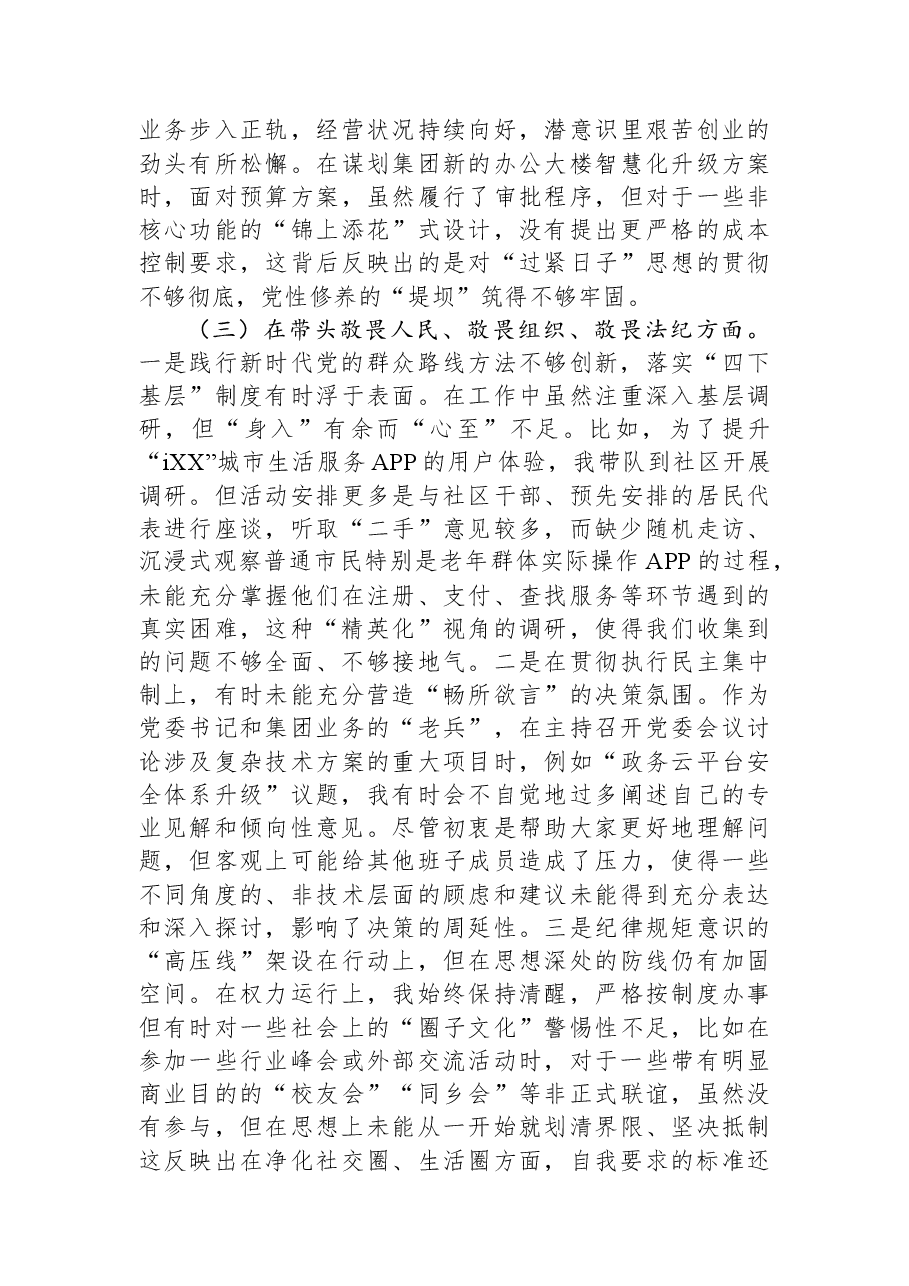 公司党委书记2025年度民主生活会个人对照检查材料(五个带头).docx,第3页预览