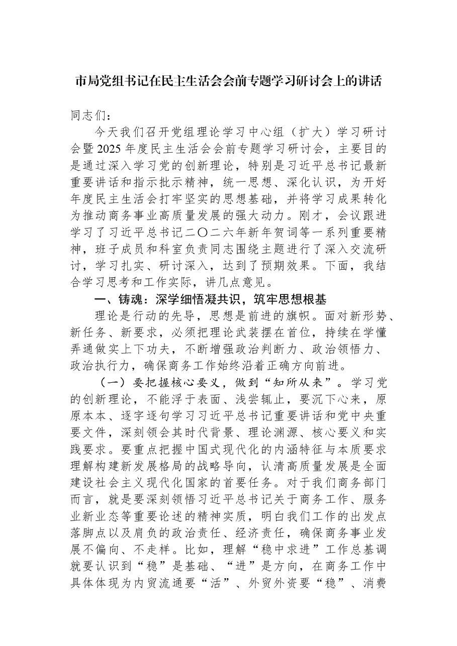市局党组书记在民主生活会会前专题学习研讨会上的讲话.docx,第1页预览