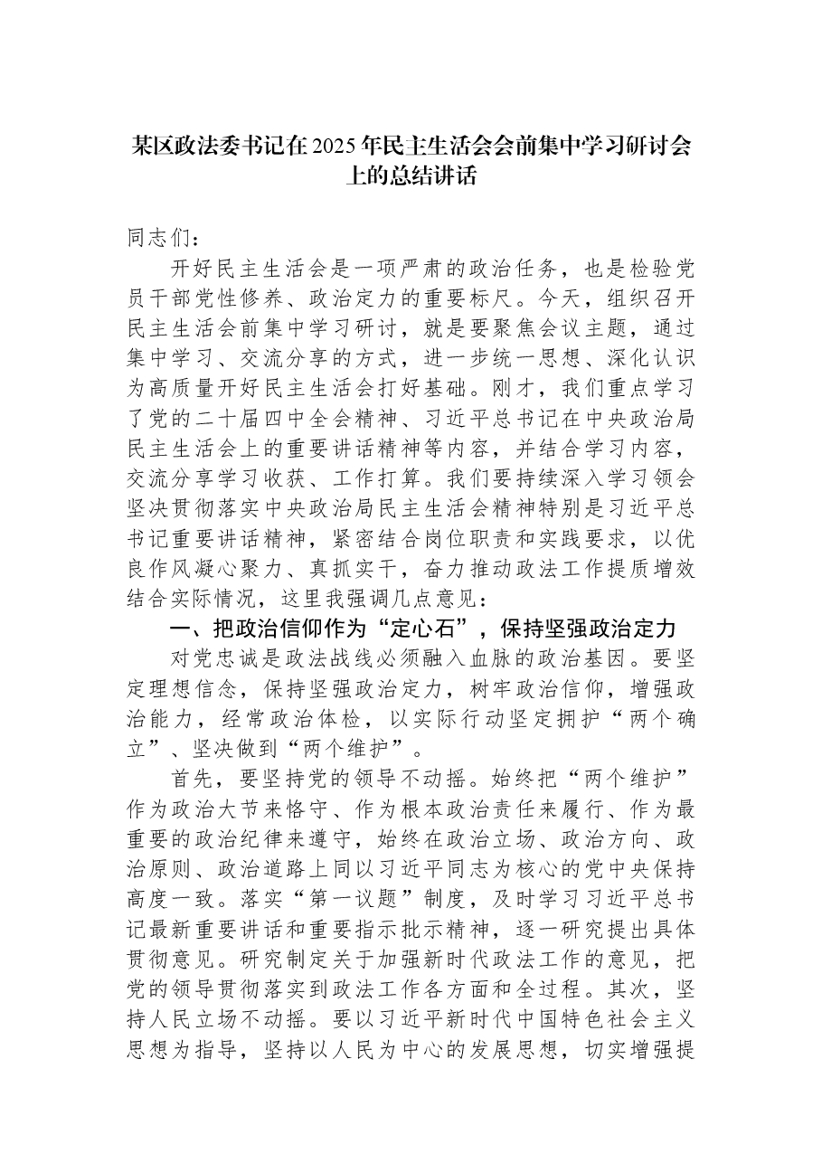 某区政法委书记在2025年民主生活会会前集中学习研讨会上的总结讲话.docx,第1页预览