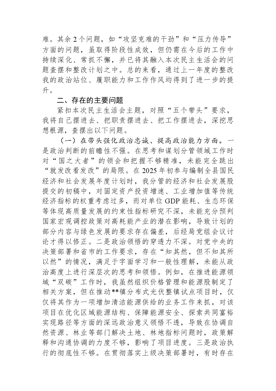 发改局副局长2025年度民主生活会个人对照检查材料（带案例）.docx，第2页预览