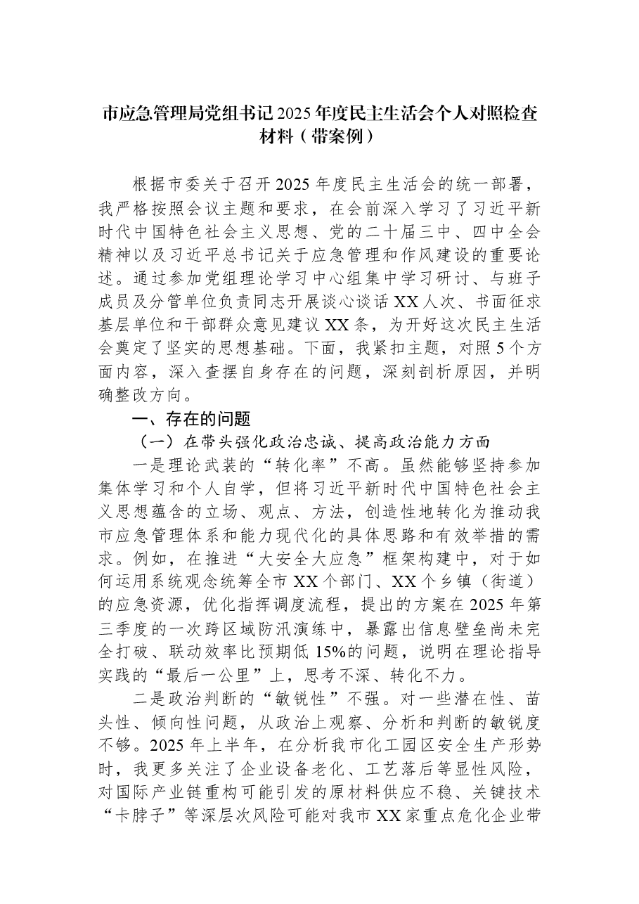 市应急管理局党组书记2025年度民主生活会个人对照检查材料(带案例).docx,第1页预览