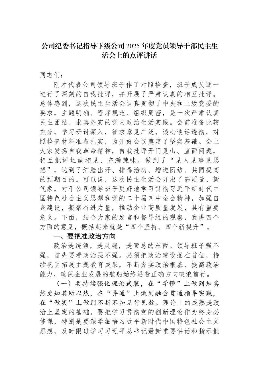 公司纪委书记指导下级公司2025年度党员领导干部民主生活会上的点评讲话.docx，第1页预览