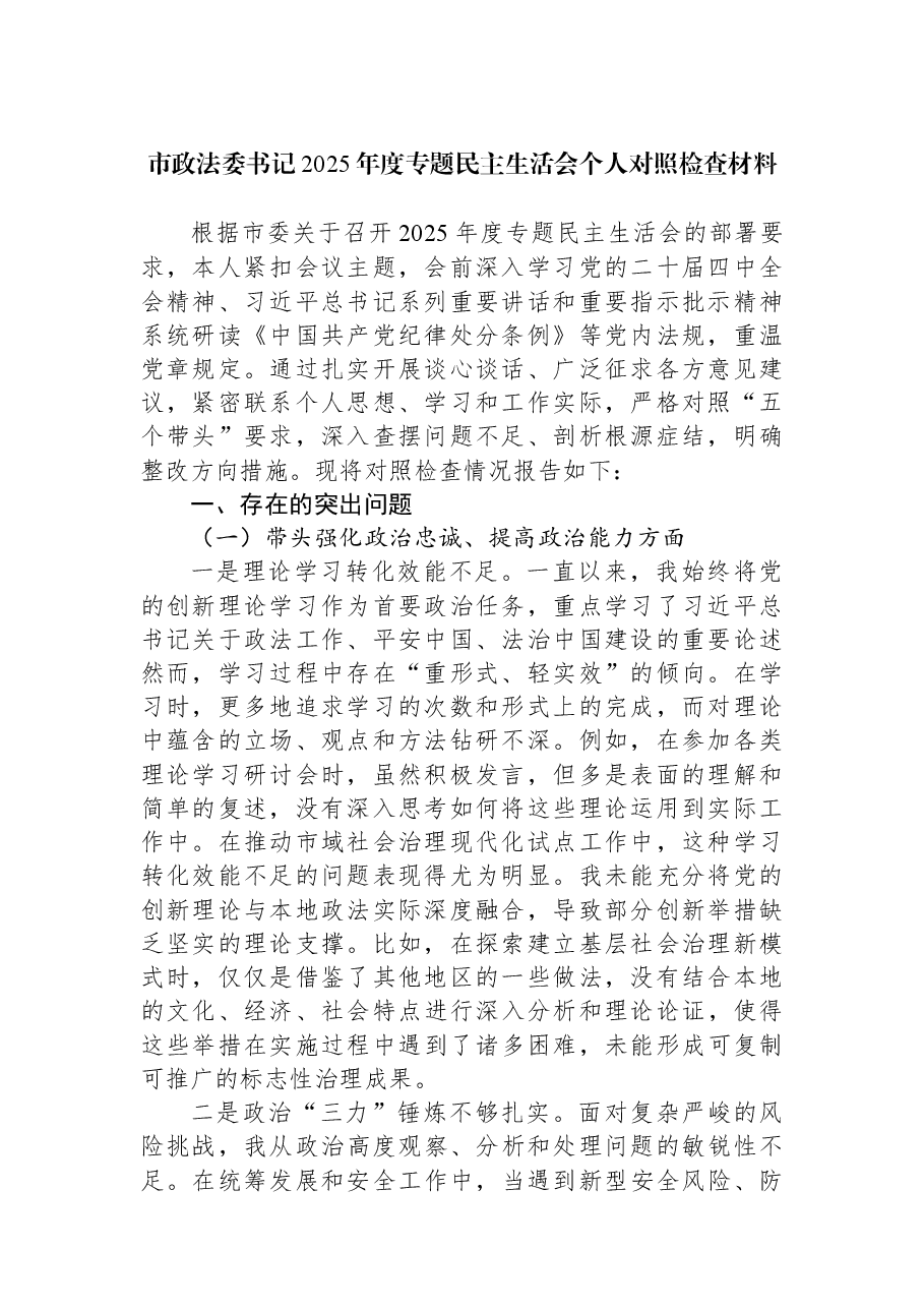 市政法委书记2025年度专题民主生活会个人对照检查材料.docx,第1页预览
