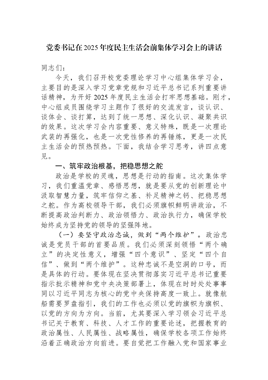 党委书记在2025年度民主生活会前集体学习会上的讲话.docx,第1页预览