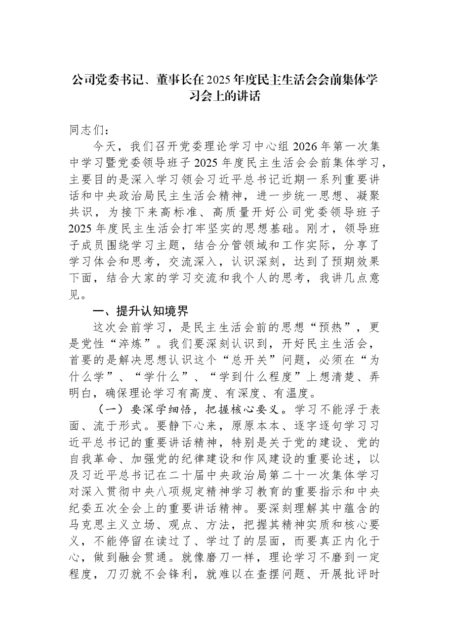 公司党委书记、董事长在2025年度民主生活会会前集体学习会上的讲话.docx,第1页预览