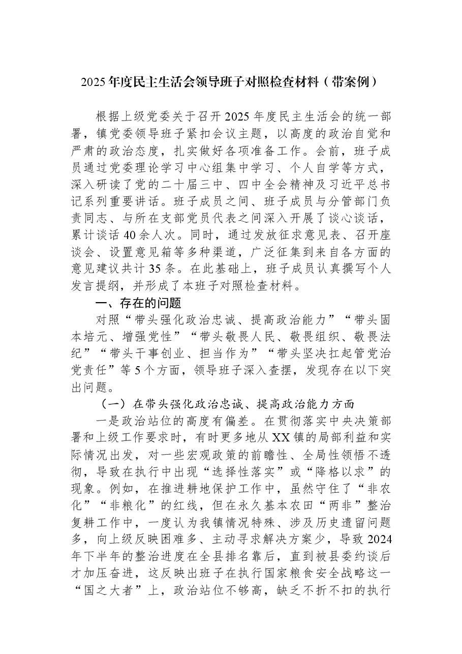2025年度民主生活会领导班子对照检查材料(带案例).docx,第1页预览