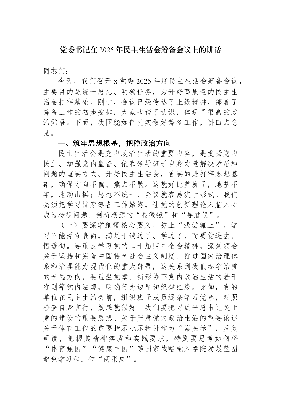 党委书记在2025年民主生活会筹备会议上的讲话.docx，第1页预览
