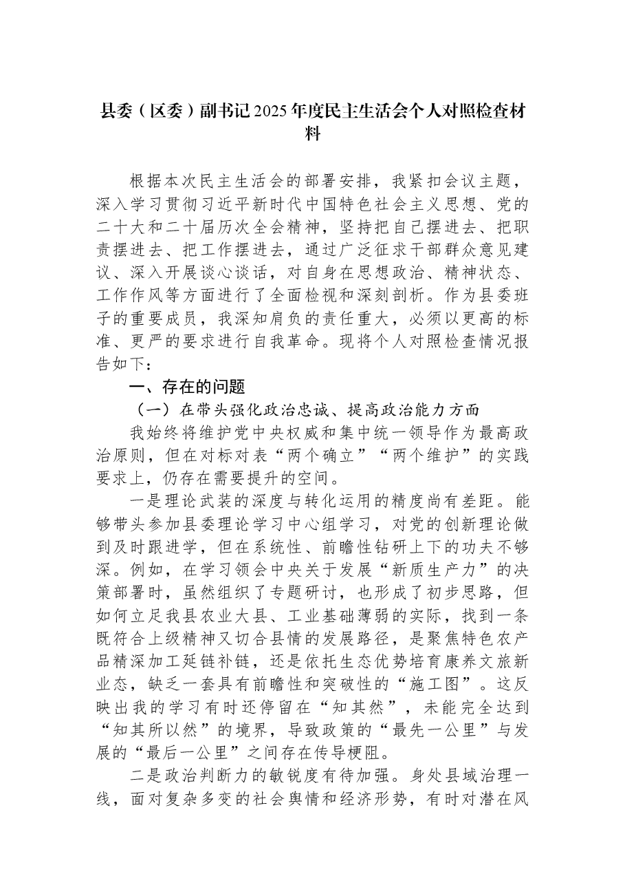 县委(区委)副书记2025年度民主生活会个人对照检查材料.docx,第1页预览