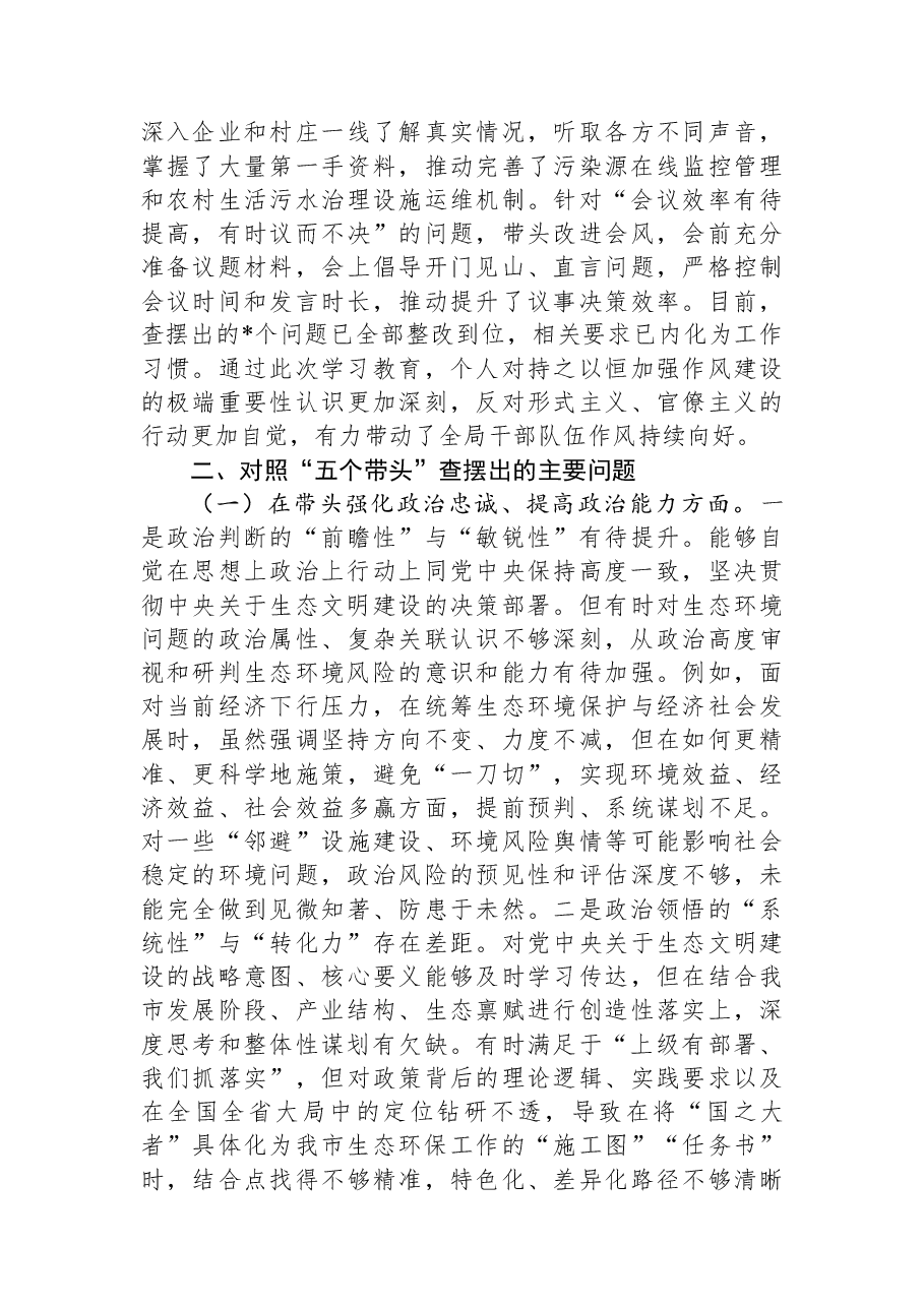市生态环境局党组书记2025年度民主生活会个人对照检查材料.docx,第3页预览