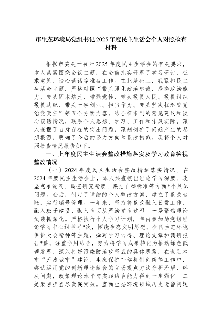 市生态环境局党组书记2025年度民主生活会个人对照检查材料.docx,第1页预览