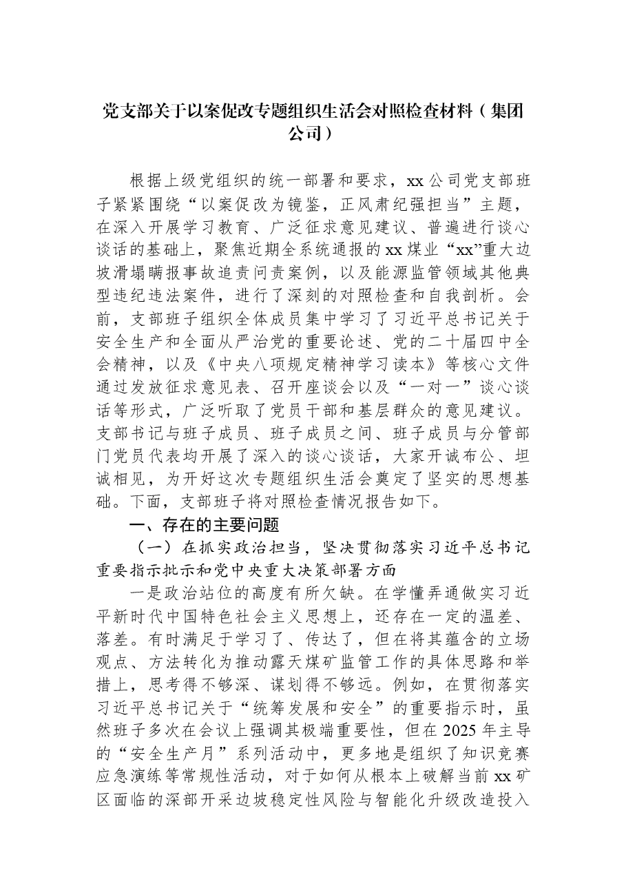 党支部关于以案促改专题组织生活会对照检查材料(集团公司).docx,第1页预览