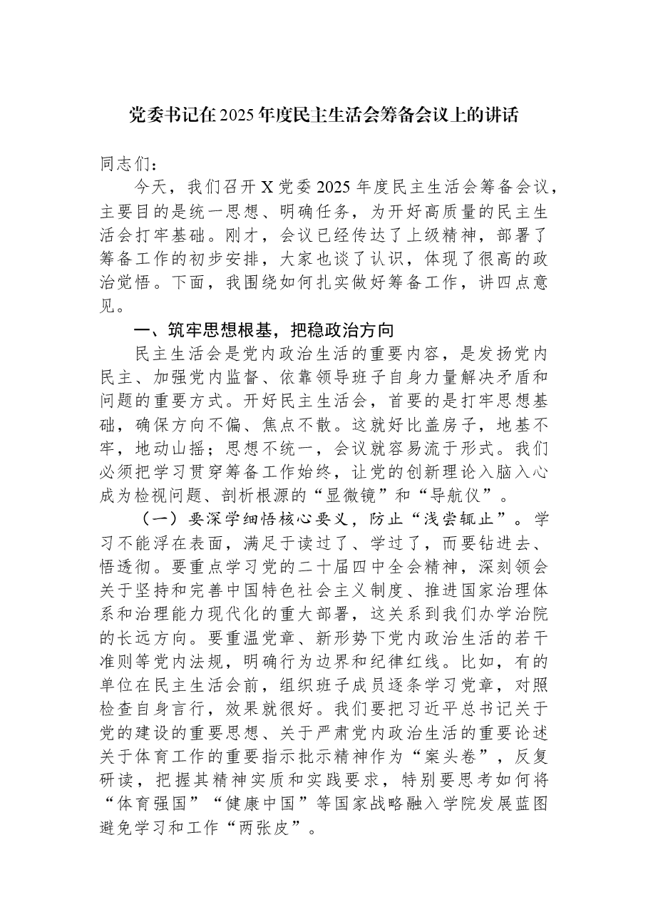 党委书记在2025年度民主生活会筹备会议上的讲话.docx,第1页预览