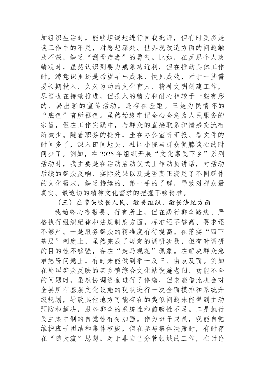 县委宣传部部长2025年专题民主生活会对照检查材料.docx,第3页预览