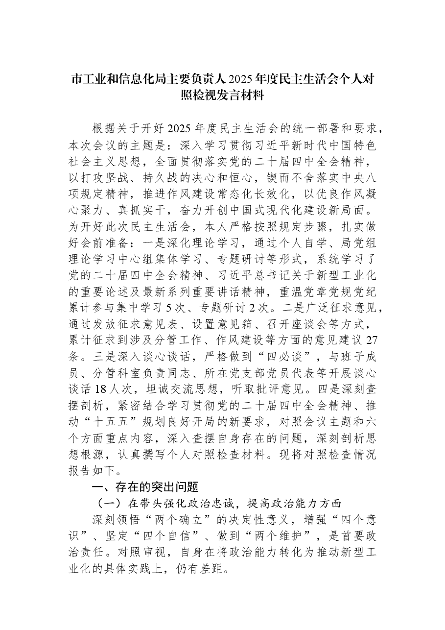 市工业和信息化局主要负责人2025年度民主生活会个人对照检视发言材料.docx,第1页预览