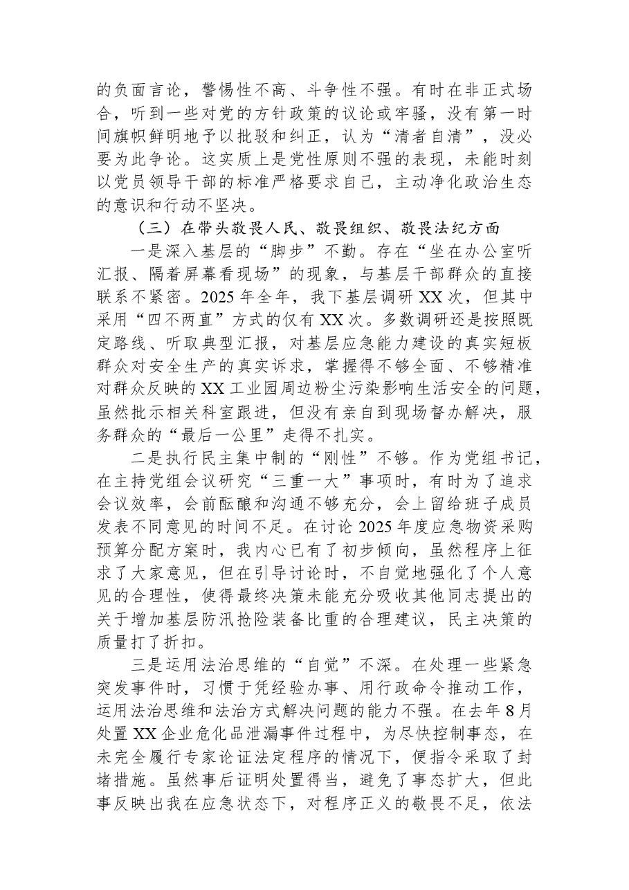 市应急管理局党组书记2025年度民主生活会个人对照检查材料(带案例).docx,第3页预览