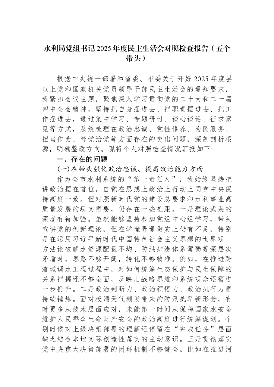 水利局党组书记2025年度民主生活会对照检查报告(五个带头).docx,第1页预览