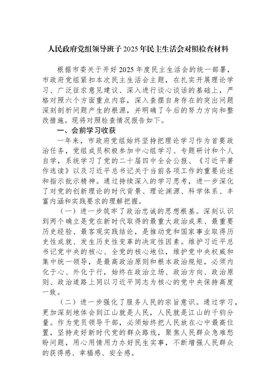 人民政府党组领导班子2025年民主生活会对照检查材料.docx,第1页预览