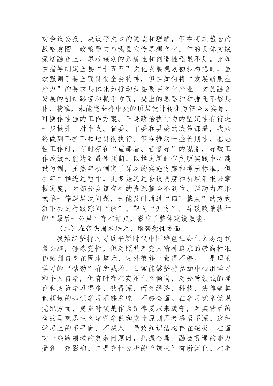 县委宣传部部长2025年专题民主生活会对照检查材料.docx,第2页预览
