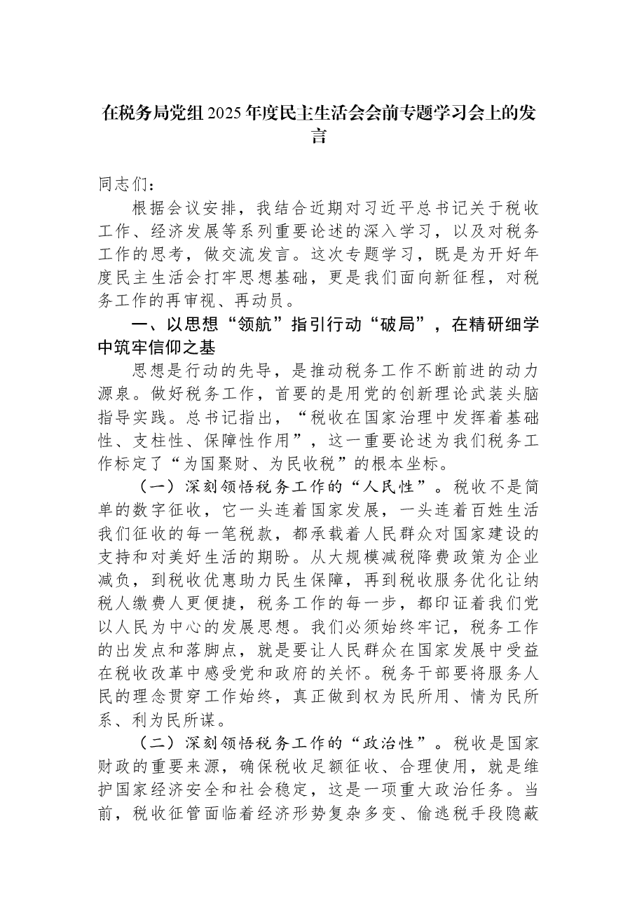 在税务局党组2025年度民主生活会会前专题学习会上的发言.docx，第1页预览