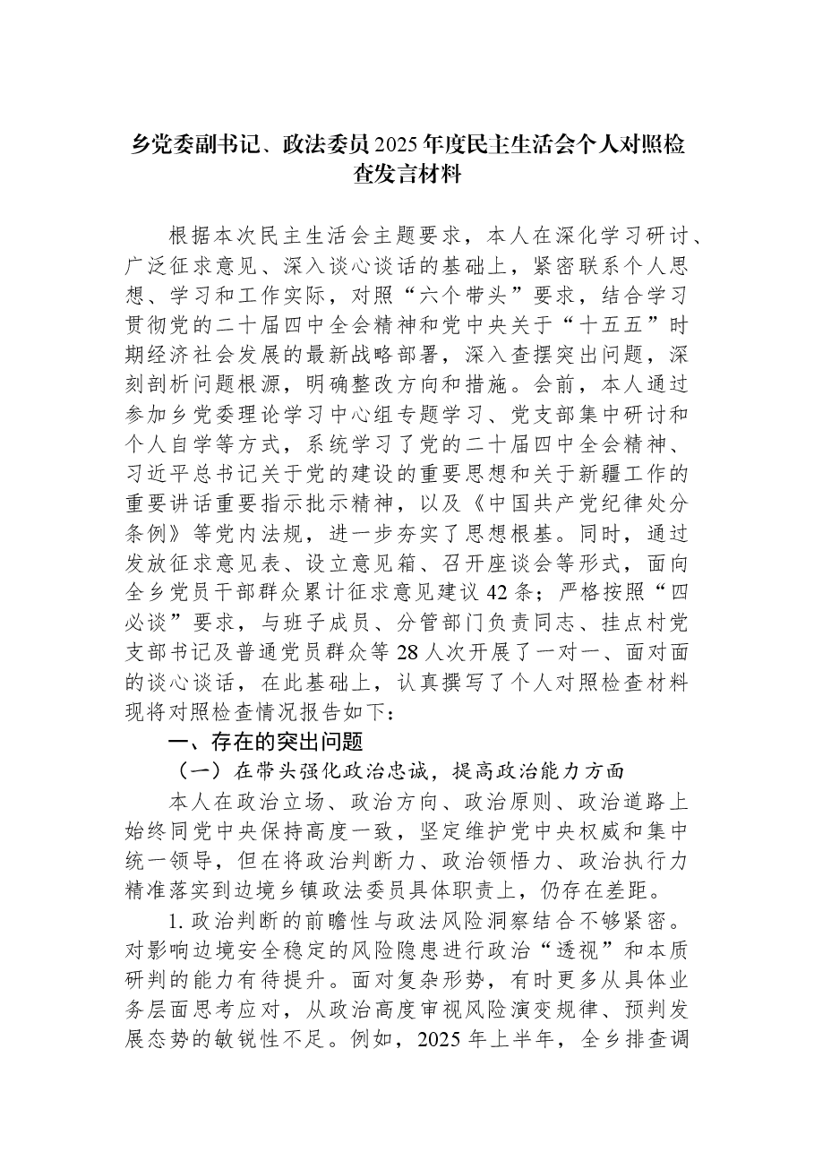 乡党委副书记、政法委员2025年度民主生活会个人对照检查发言材料.docx,第1页预览