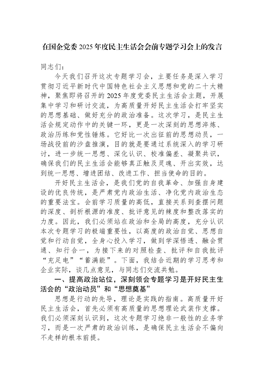 在国企党委2025年度民主生活会会前专题学习会上的发言.docx,第1页预览