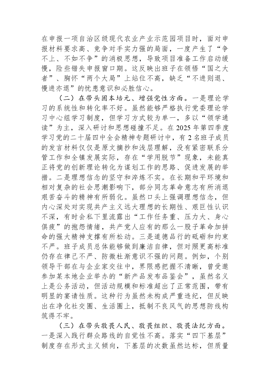 镇党委领导班子2025年度民主生活会对照剖析材料（带案例）.docx，第2页预览