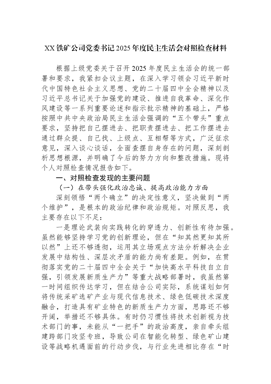 XX铁矿公司党委书记2025年度民主生活会对照检查材料.docx,第1页预览