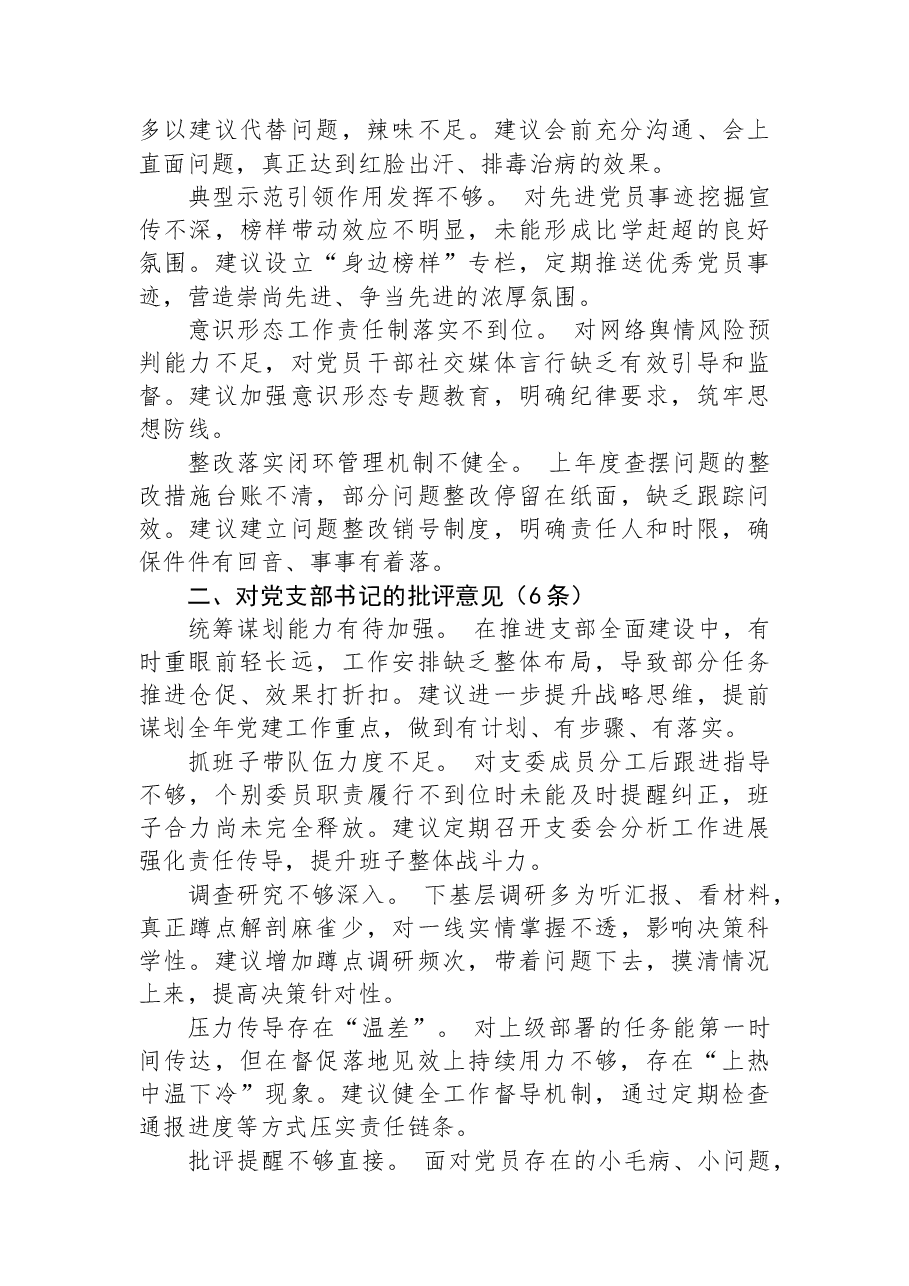 2025年度组织生活会对党支部及支委成员的批评意见参考.docx,第2页预览