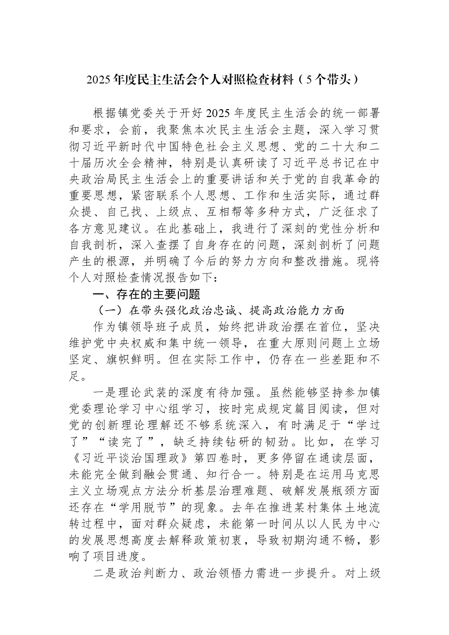2025年度民主生活会个人对照检查材料(5个带头).docx,第1页预览