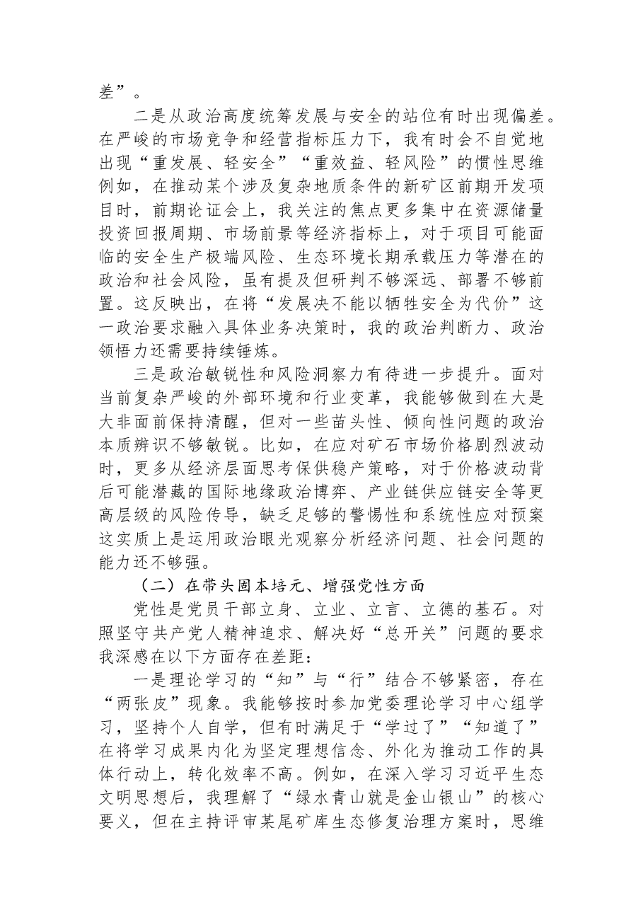 XX铁矿公司党委书记2025年度民主生活会对照检查材料.docx,第2页预览