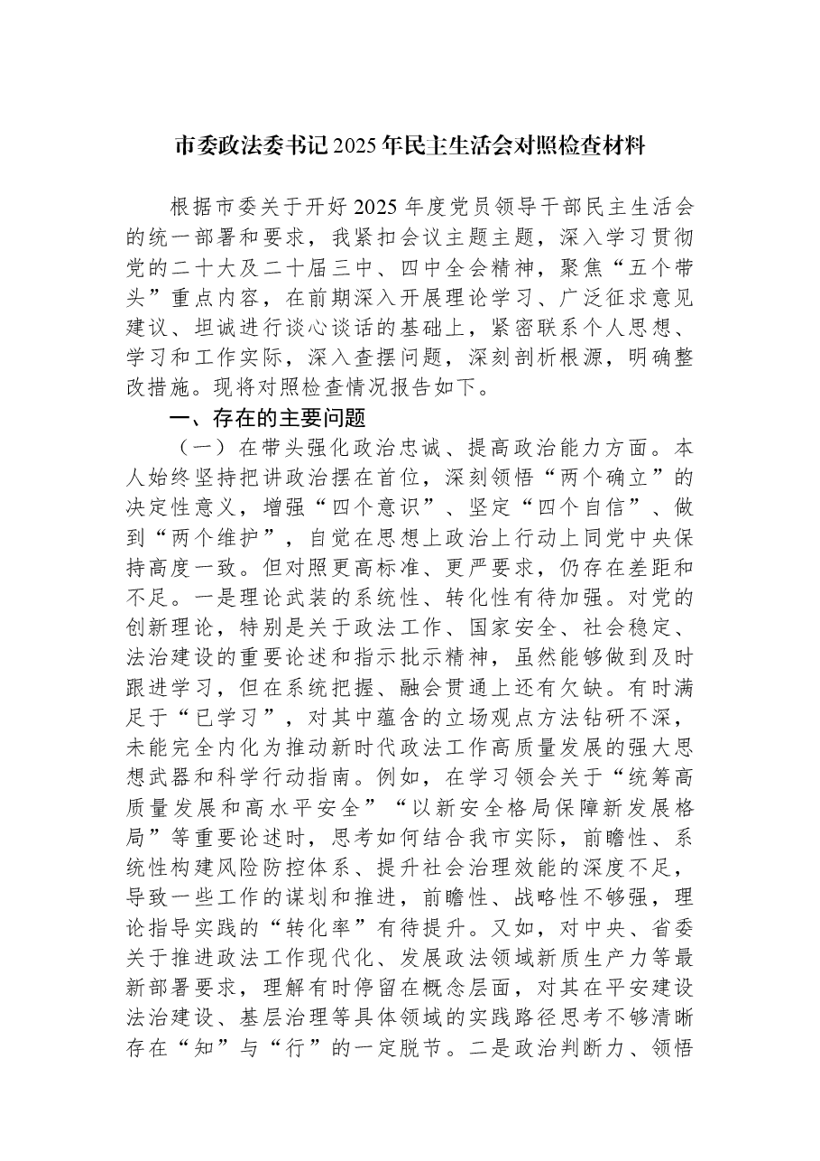 市委政法委书记2025年民主生活会对照检查材料.docx,第1页预览