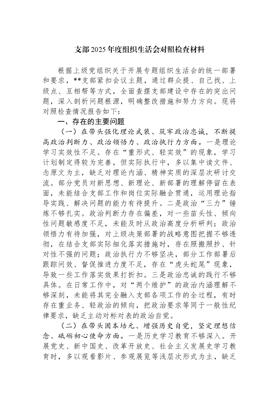 支部2025年度组织生活会对照检查材料.docx,第1页预览