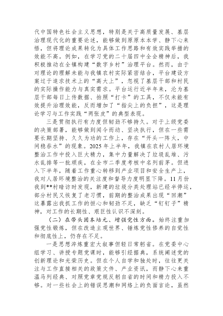 乡镇党委书记2025年度民主生活会个人对照检查材料（五个带头）.docx，第2页预览