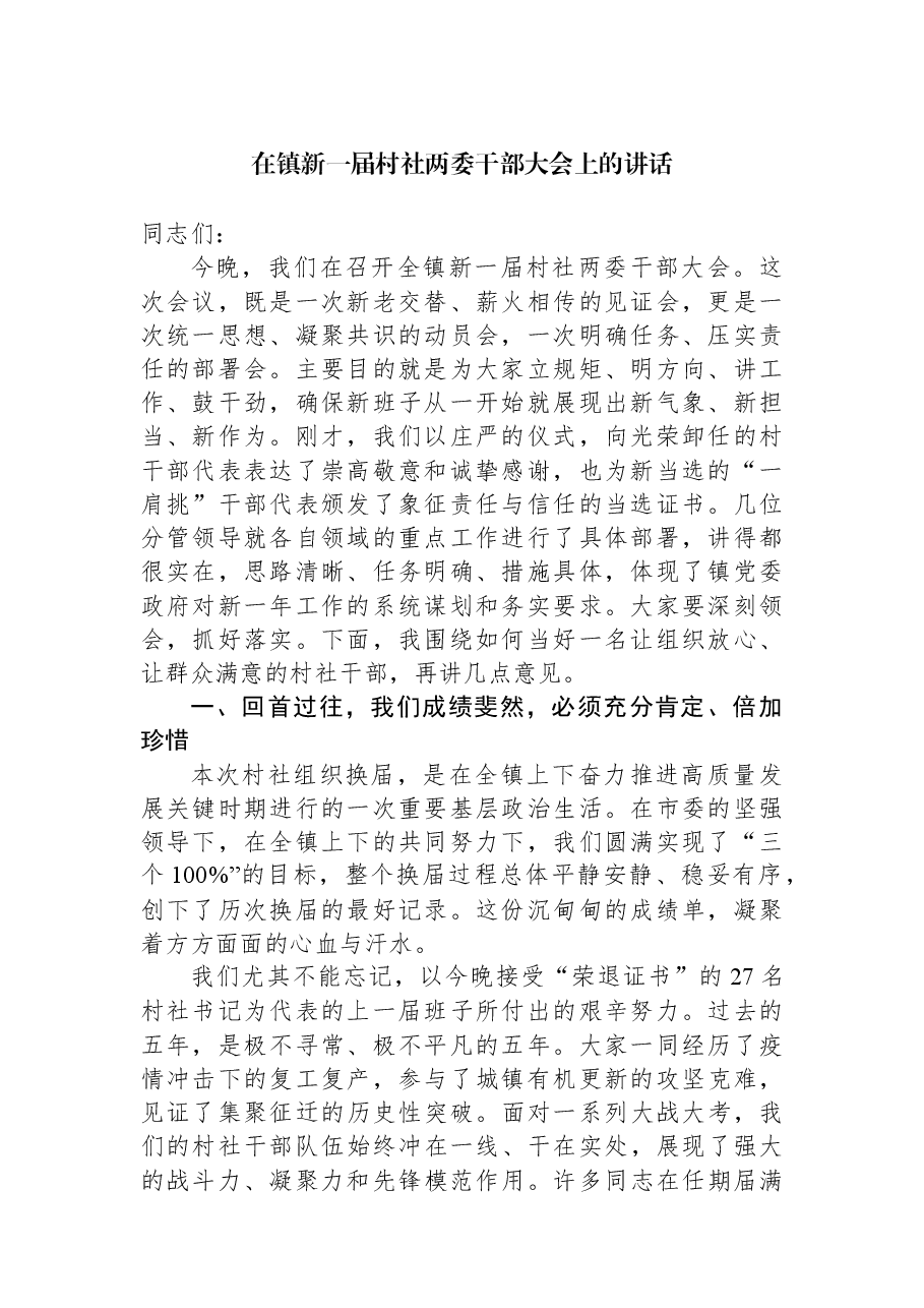 在镇新一届村社两委干部大会上的讲话.docx,第1页预览