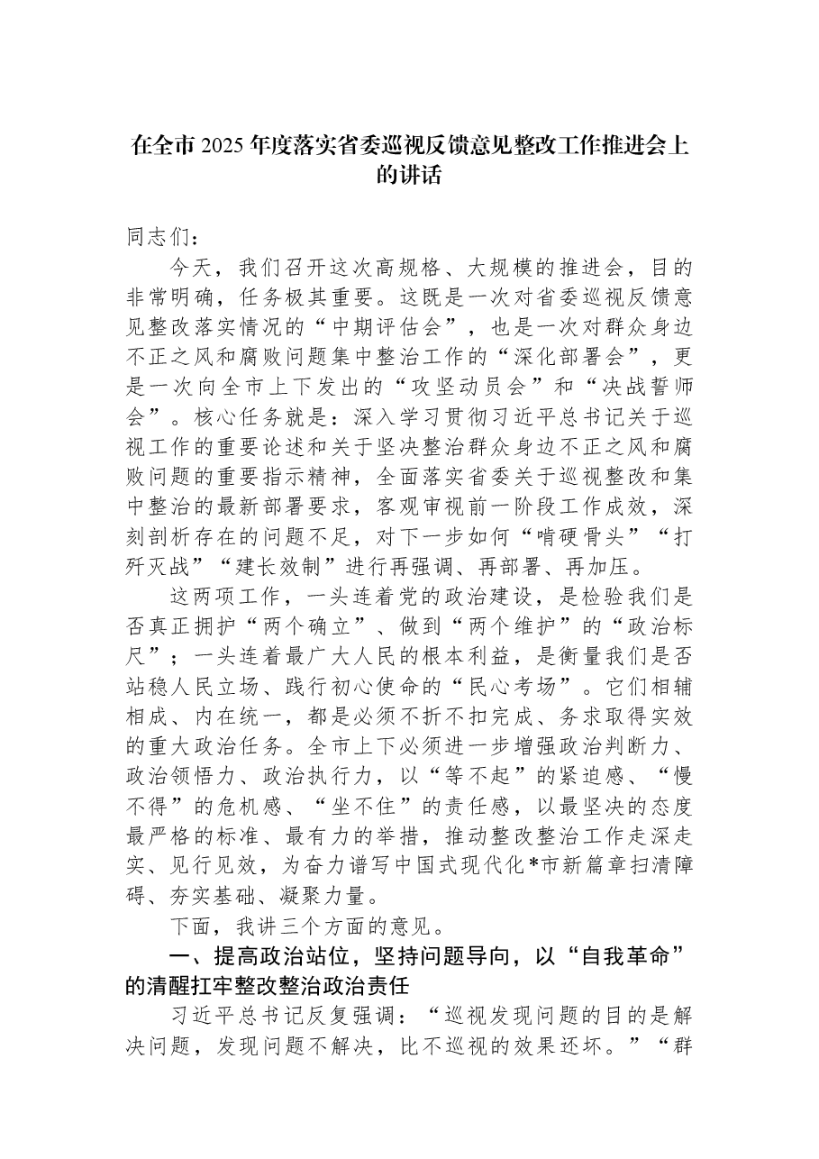 在全市2025年度落实省委巡视反馈意见整改工作推进会上的讲话.docx,第1页预览