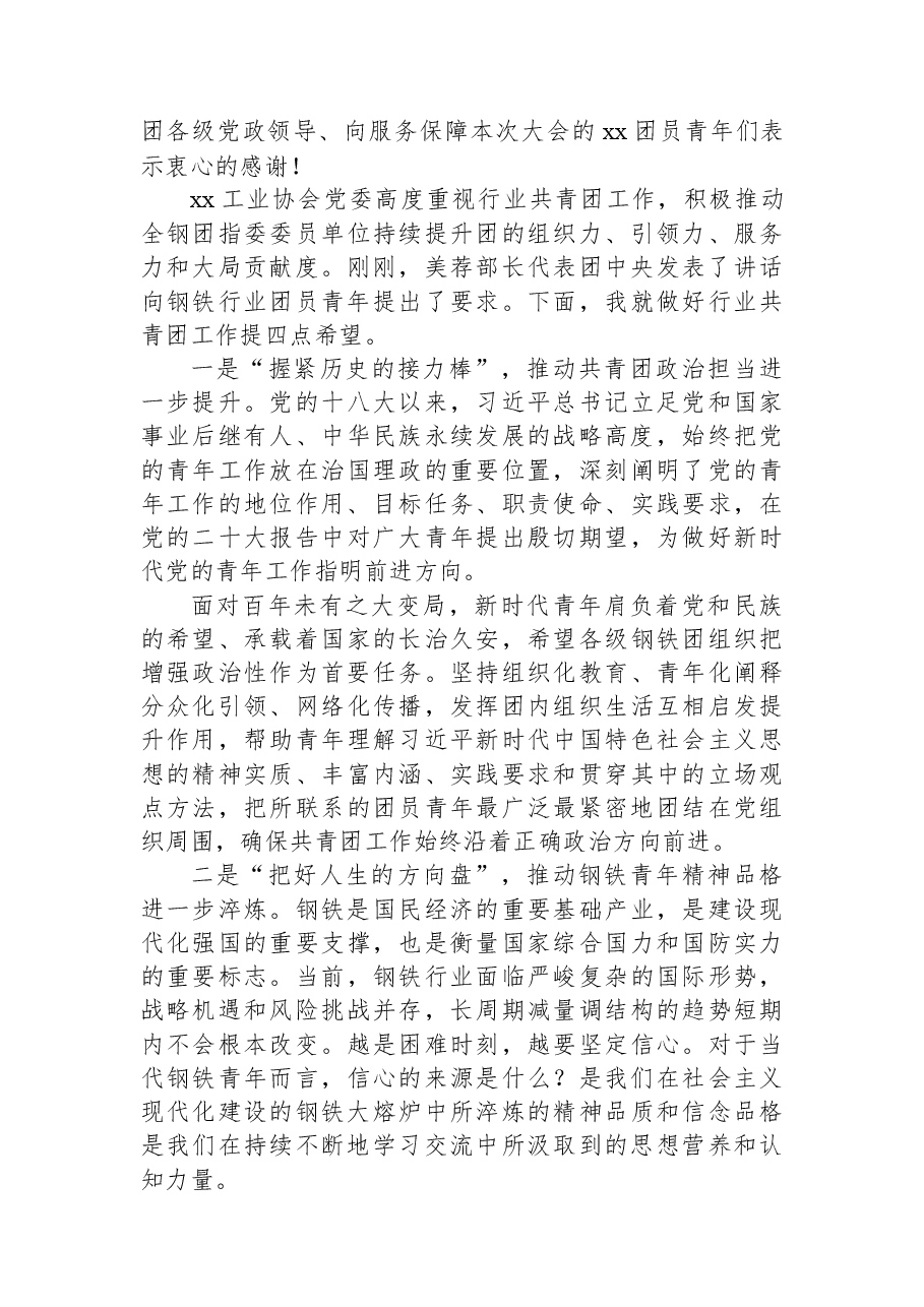 在全钢团指委x届x次全会暨全国钢铁行业青年工作年会上的讲话.docx,第2页预览