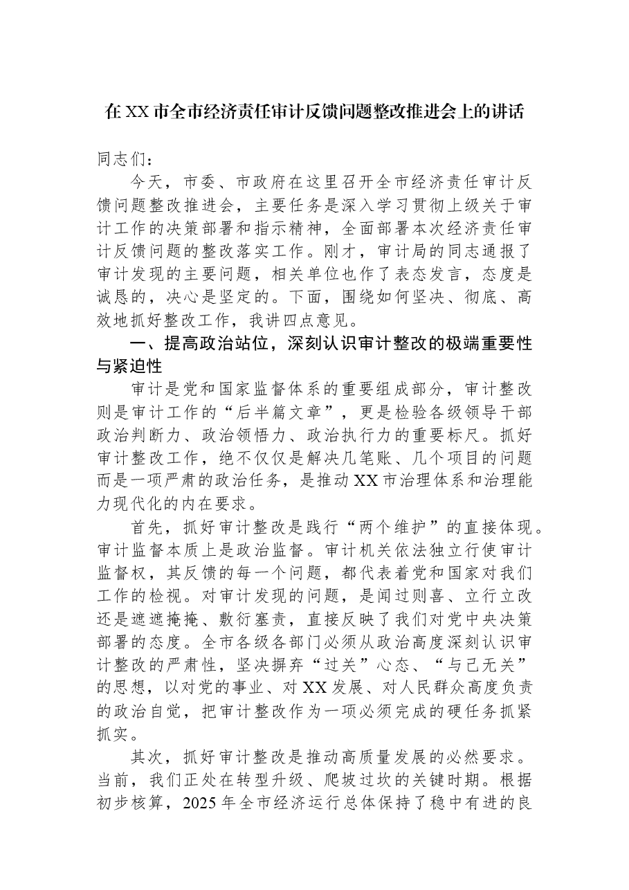 在XX市全市经济责任审计反馈问题整改推进会上的讲话.docx,第1页预览