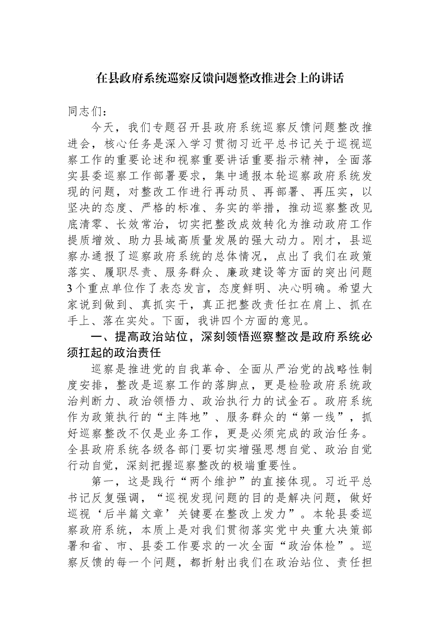 在县政府系统巡察反馈问题整改推进会上的讲话.docx,第1页预览