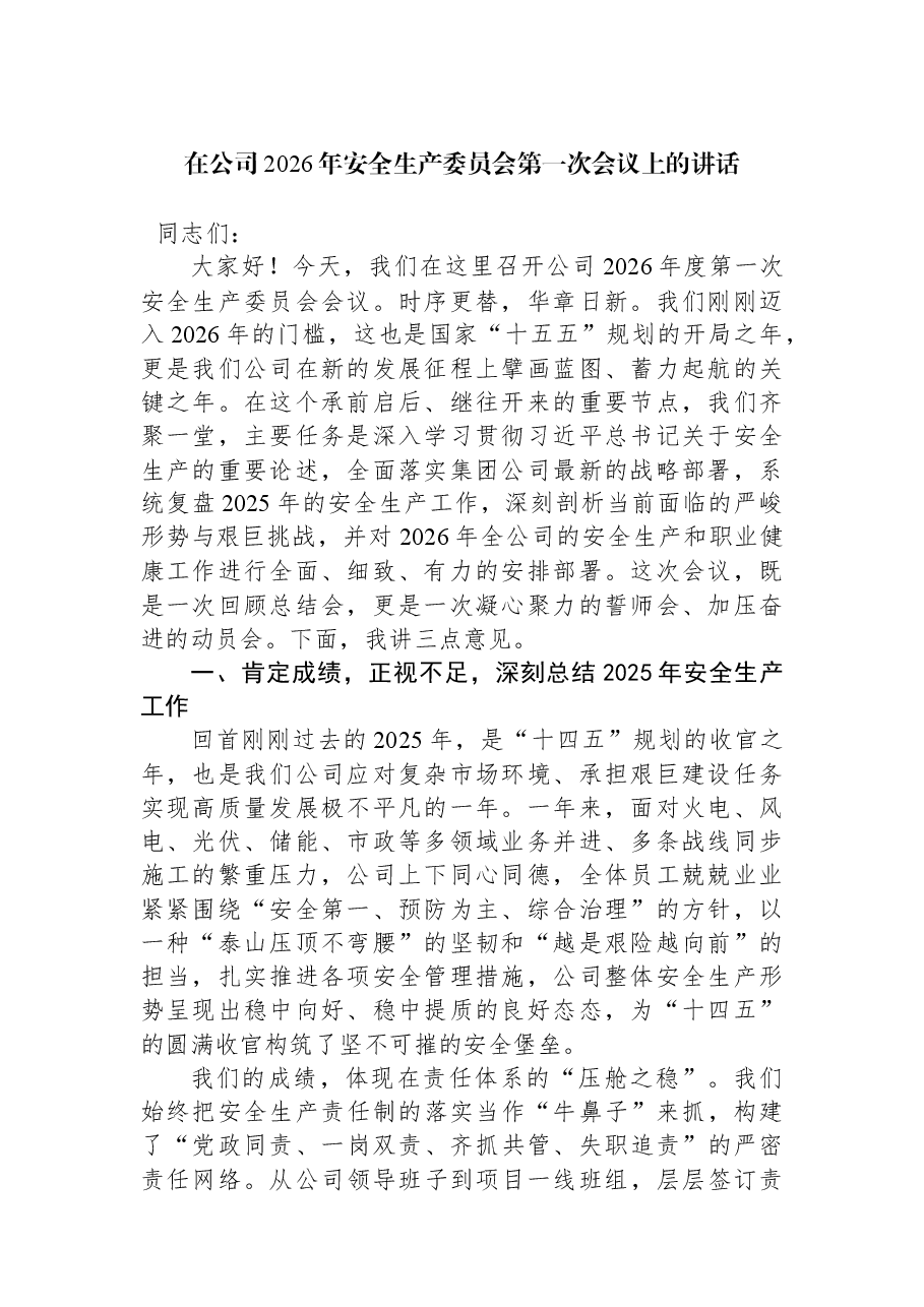 在公司2026年安全生产委员会第一次会议上的讲话.docx，第1页预览