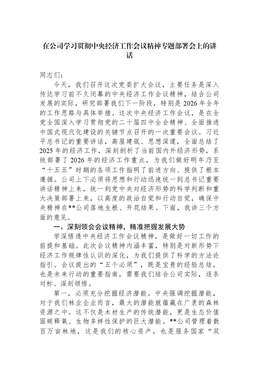 在公司学习贯彻中央经济工作会议精神专题部署会上的讲话.docx,第1页预览
