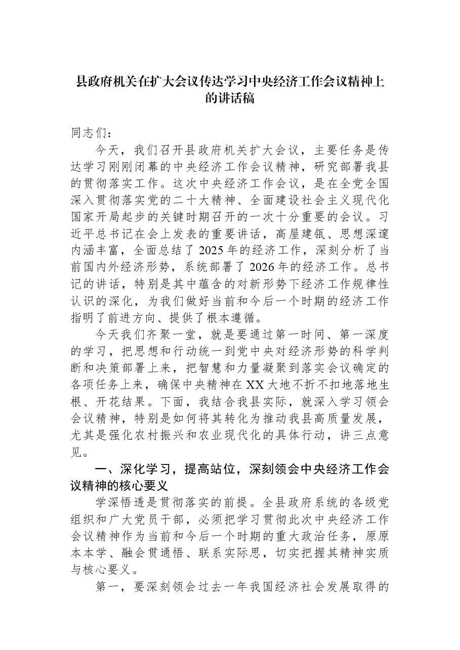 县政府机关在扩大会议传达学习中央经济工作会议精神上的讲话稿.docx,第1页预览
