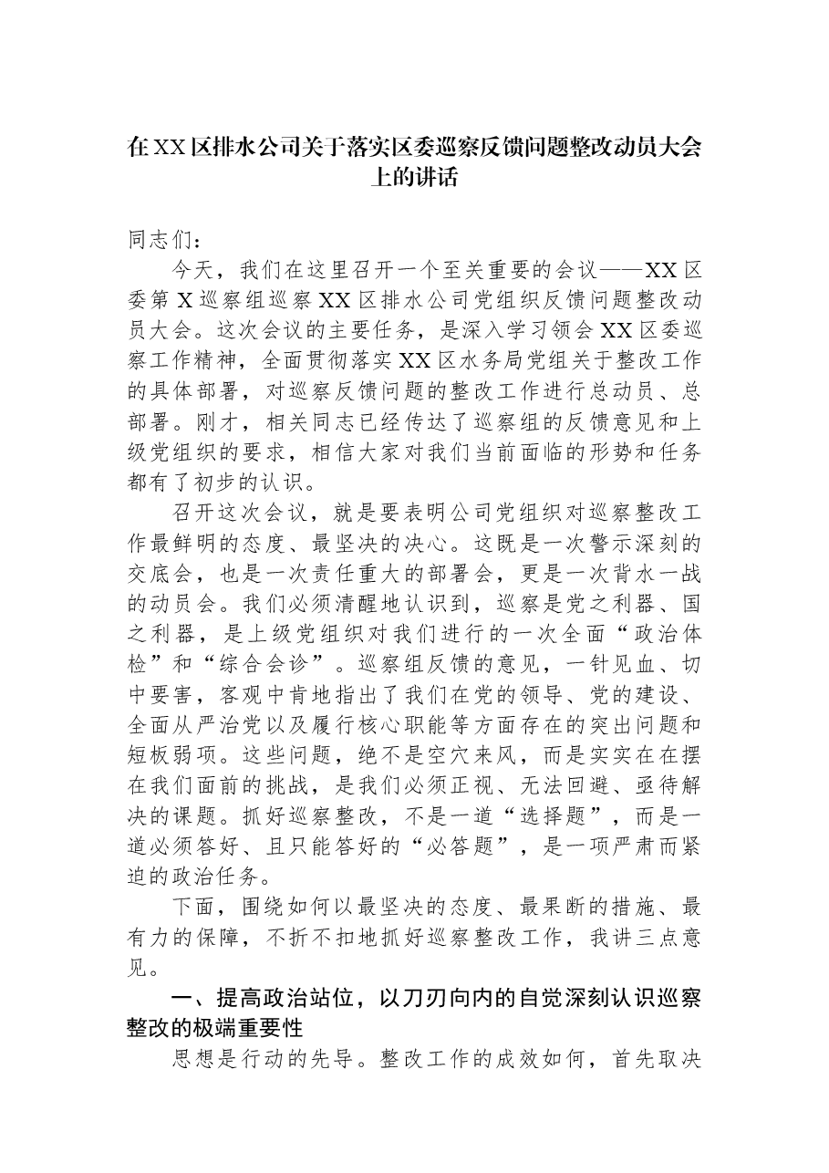 在XX区排水公司关于落实区委巡察反馈问题整改动员大会上的讲话.docx,第1页预览