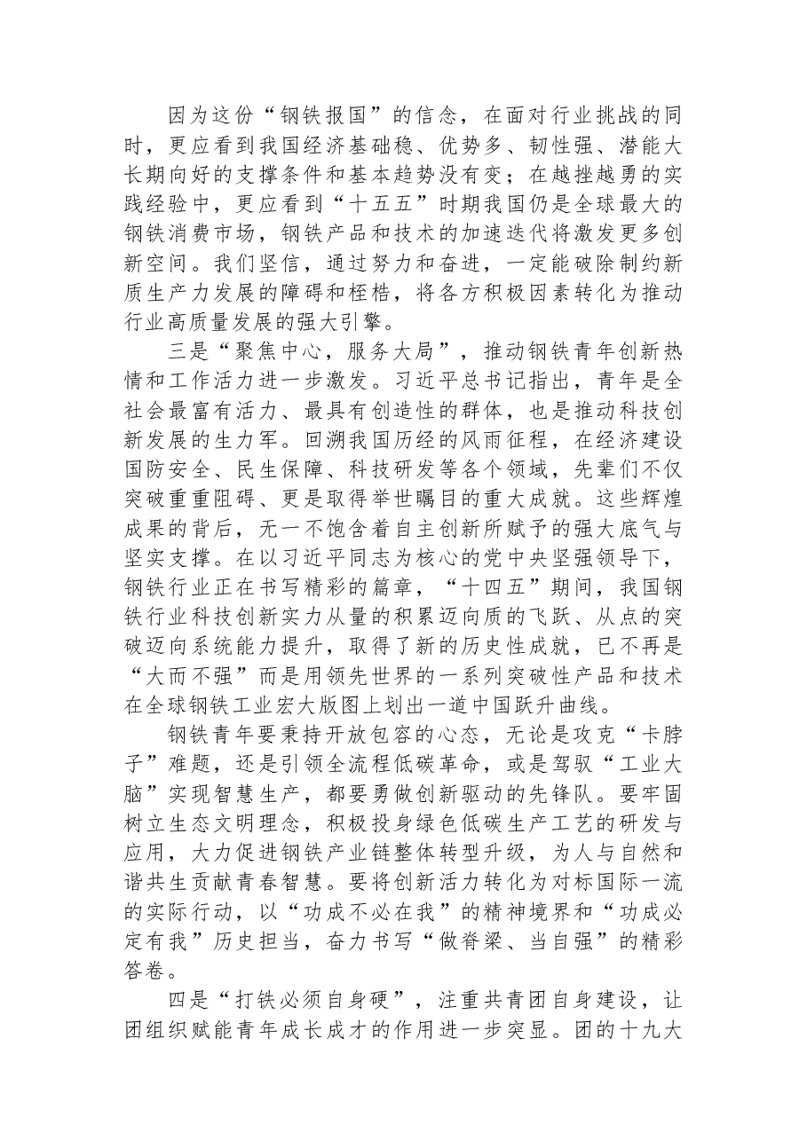 在全钢团指委x届x次全会暨全国钢铁行业青年工作年会上的讲话.docx,第3页预览