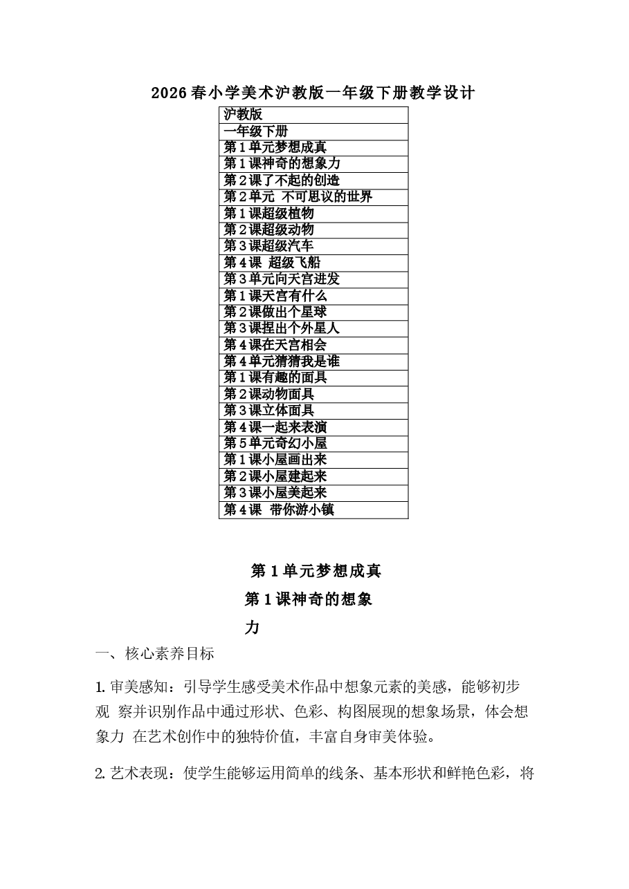 2026年课件-2026春小学美术沪教版一年级下册教学设计及每课教学反思（附目录）-新版.docx，第1页预览