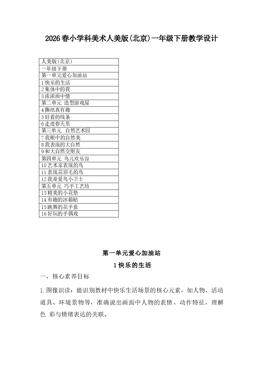 2026年课件-2026春小学科美术人美版(北京)一年级下册教学设计及每课教学反思(附目录)-新版.docx,第1页预览